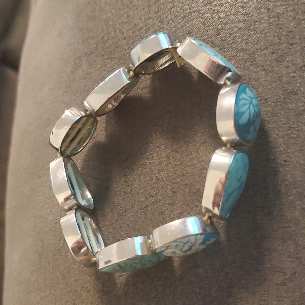 Viva Beads Turquoise Floral Tile Bracelet | Silver Tone Statement | Boho Coastal - Picture 3 of 8